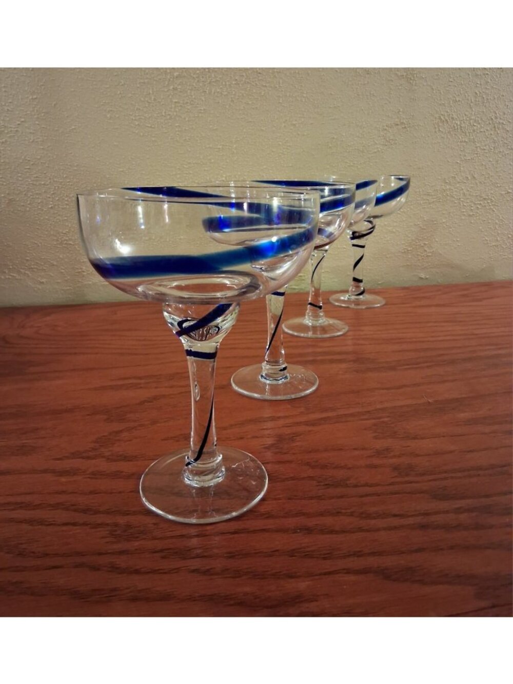 Pier 1 Imports Swirline Cobalt Blue Swirl Hand Blown Margarita Glasses Set 4 Vtg